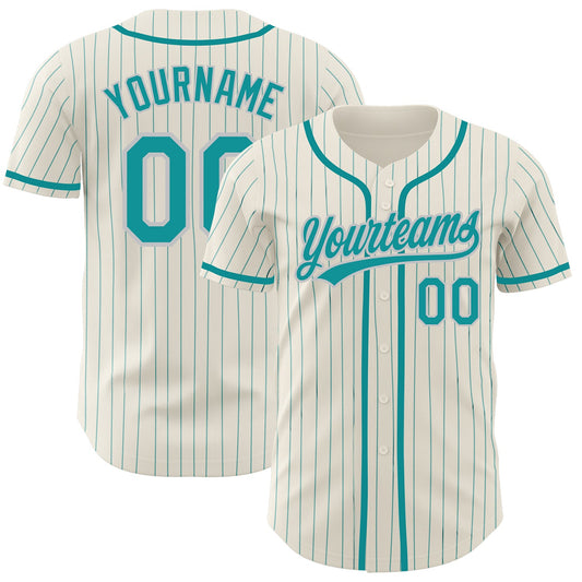 Custom Cream Teal Pinstripe Teal-Gray Authentic Baseball Jersey - Main View