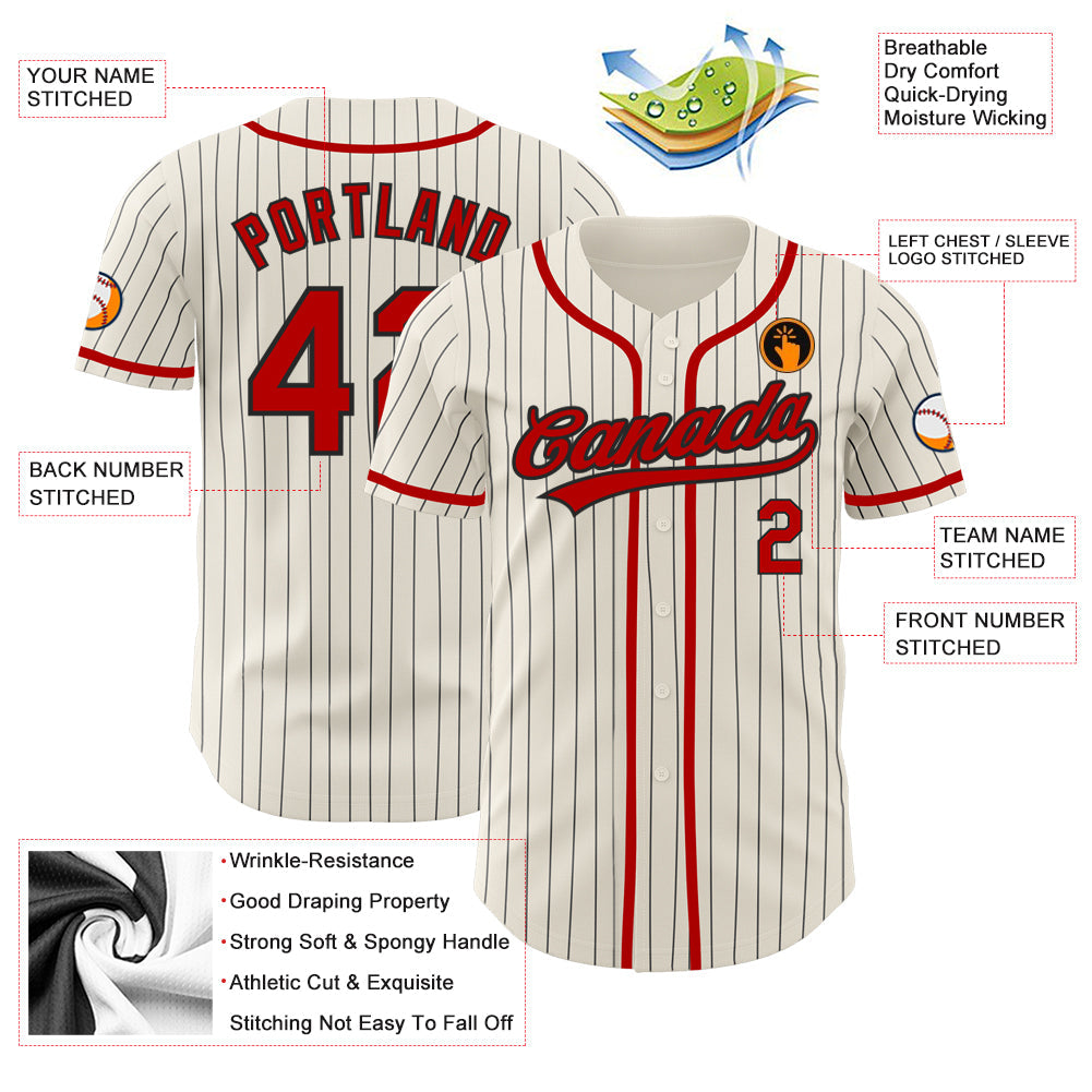 Custom Cream Black Pinstripe Red Authentic Baseball Jersey view 3