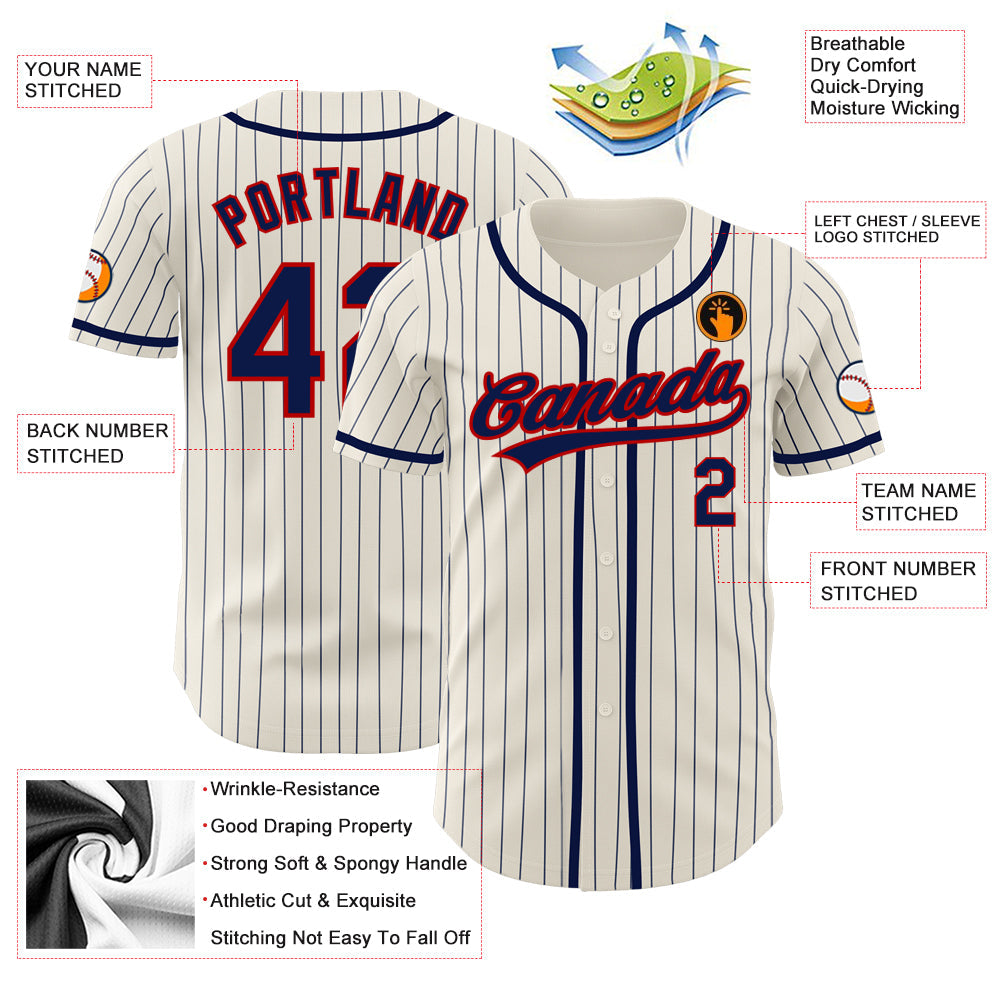 Custom Cream Navy Pinstripe Navy-Red Authentic Baseball Jersey view 3