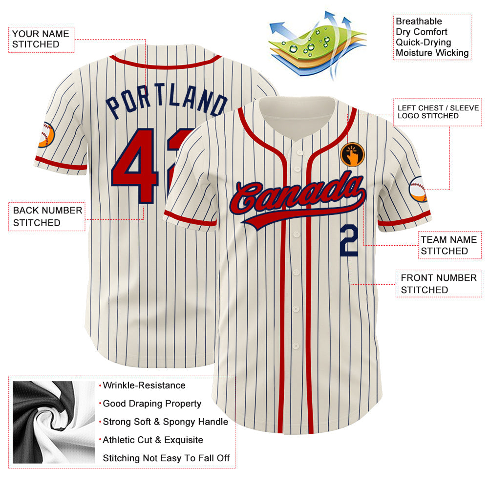 Custom Cream Navy Pinstripe Red Authentic Baseball Jersey view 3