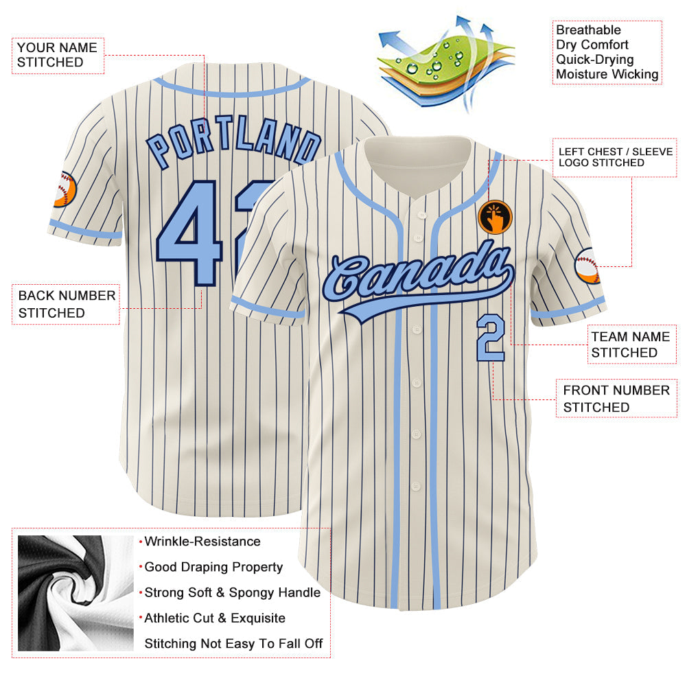 Custom Cream Navy Pinstripe Light Blue Authentic Baseball Jersey view 3