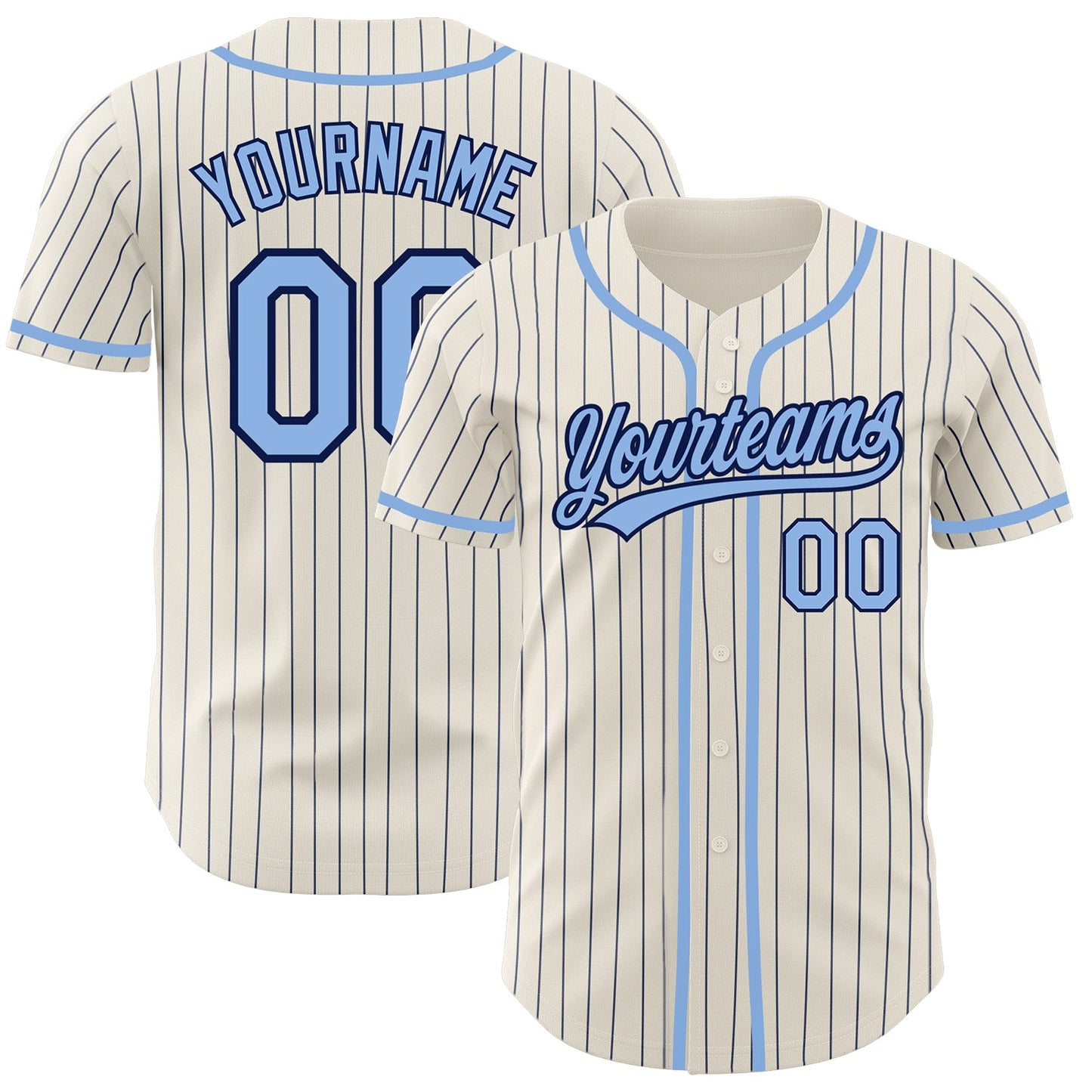 Custom Cream Navy Pinstripe Light Blue Authentic Baseball Jersey - Main View