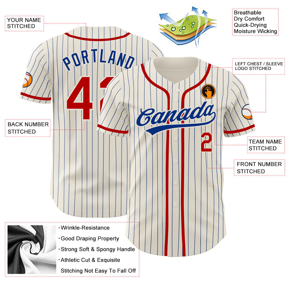 Custom Cream Royal Pinstripe Red Authentic Baseball Jersey view 3