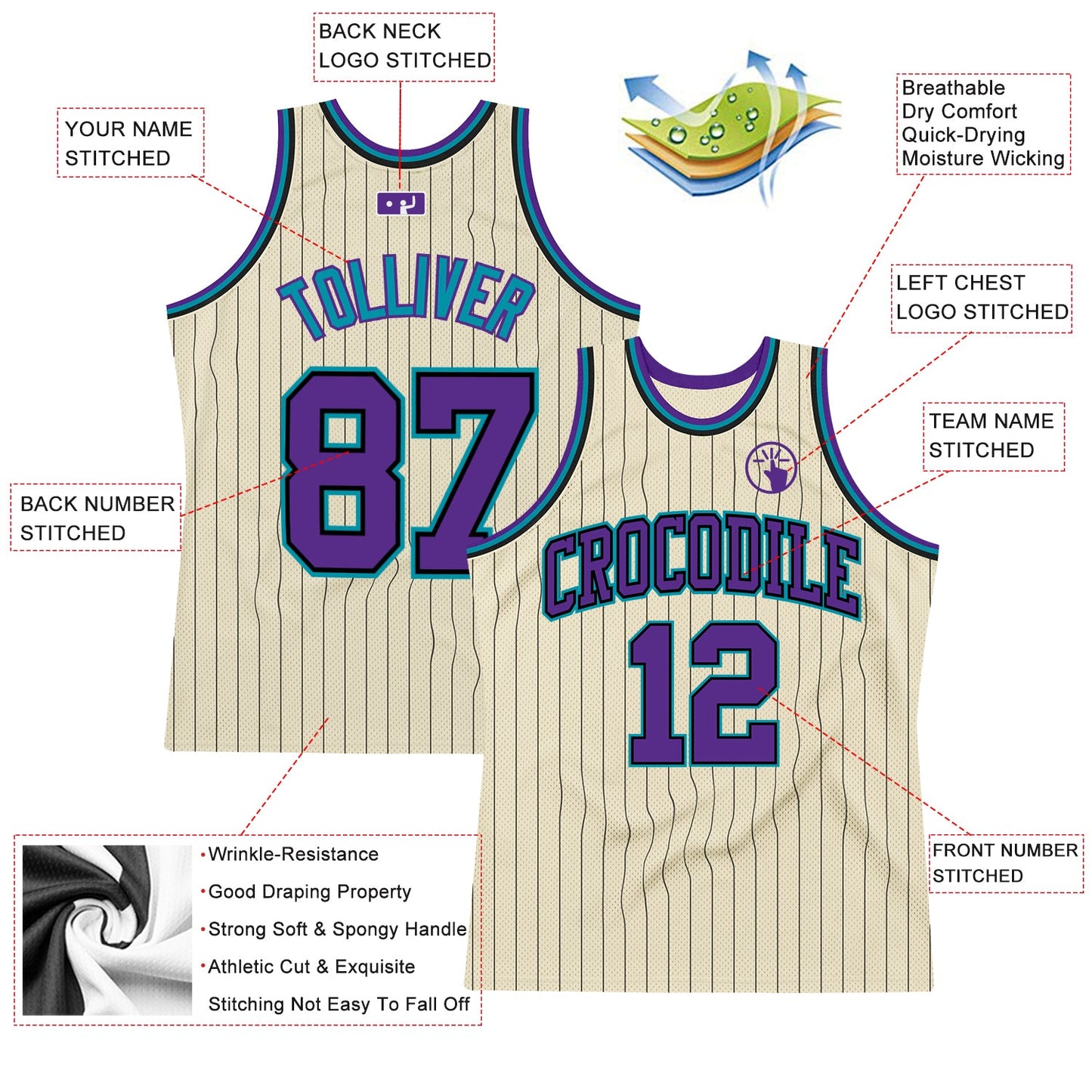 Custom Cream Black Pinstripe Purple-Teal Authentic Basketball Jersey view 2