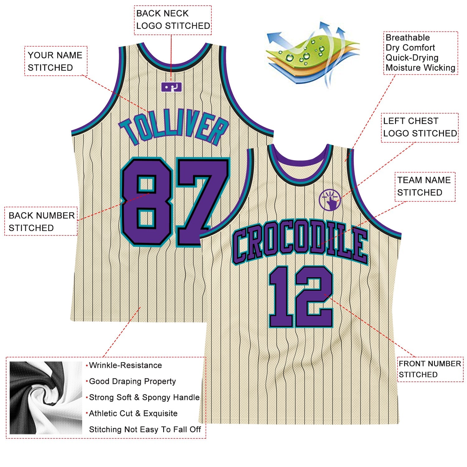 Custom Cream Black Pinstripe Purple-Teal Authentic Basketball Jersey view 2