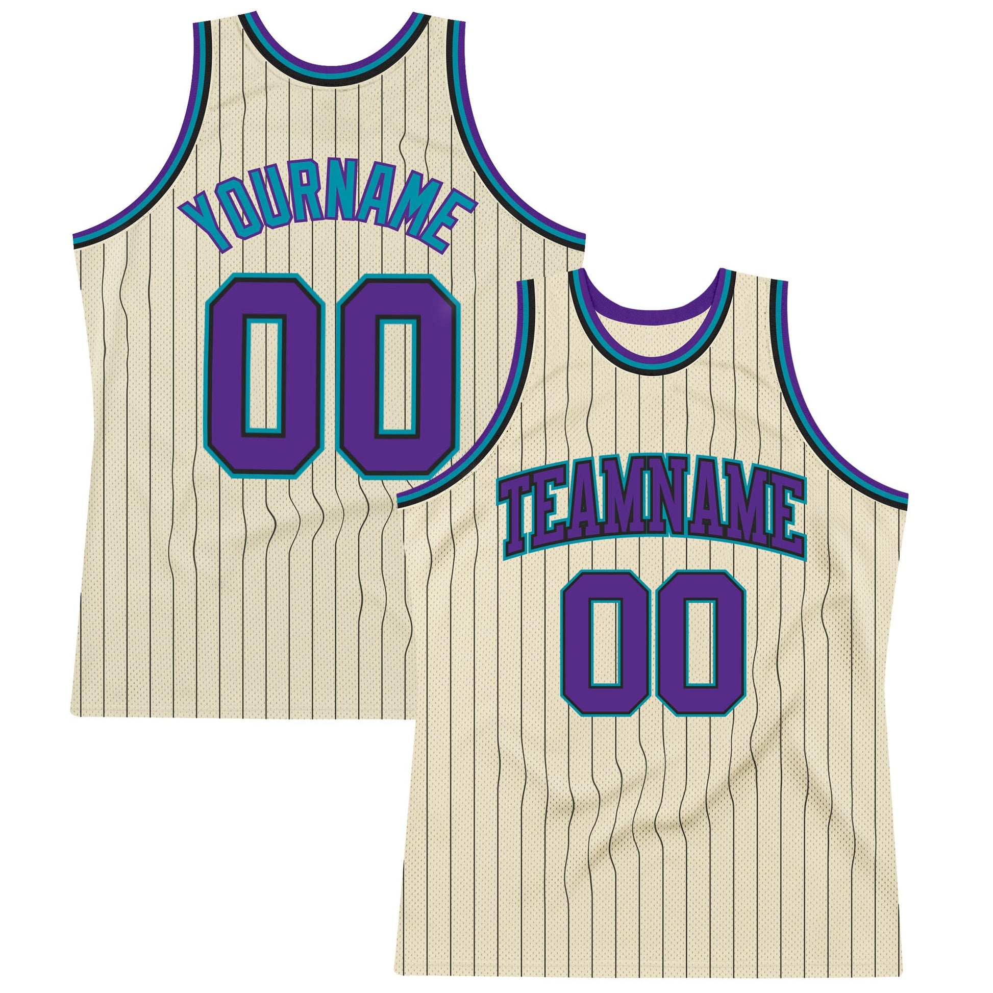 Custom Cream Black Pinstripe Purple-Teal Authentic Basketball Jersey - Main View