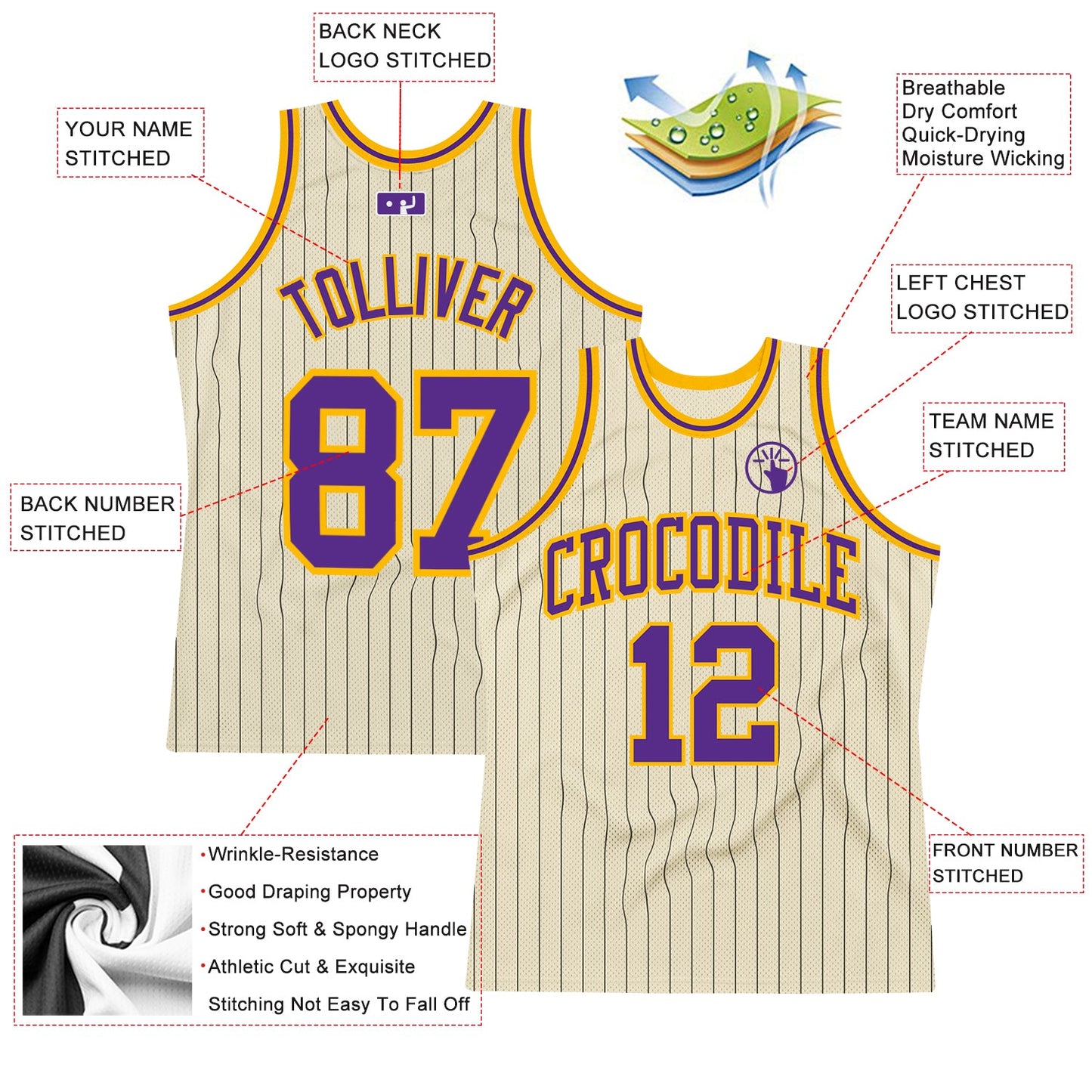 Custom Cream Black Pinstripe Purple-Gold Authentic Basketball Jersey view 3
