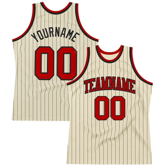 Custom Cream Black Pinstripe Red Authentic Basketball Jersey - Main View