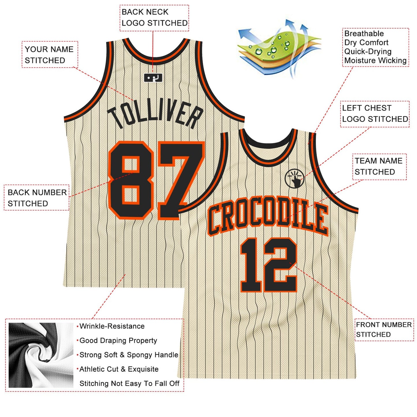 Custom Cream Black Pinstripe Black-Orange Authentic Basketball Jersey view 2