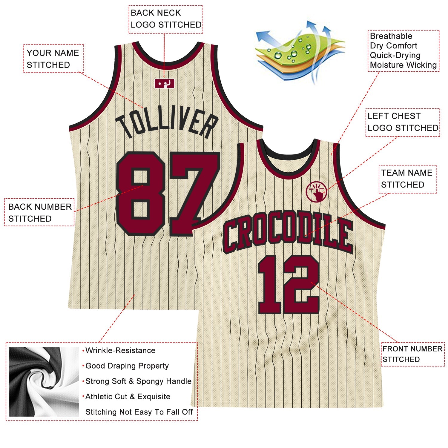 Custom Cream Black Pinstripe Maroon Authentic Basketball Jersey view 2