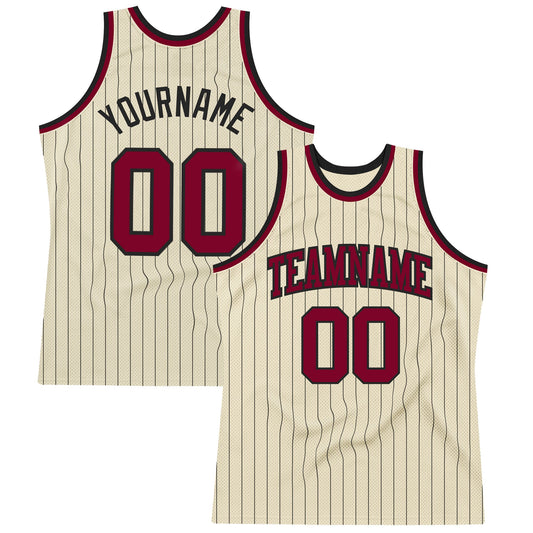 Custom Cream Black Pinstripe Maroon Authentic Basketball Jersey - Main View