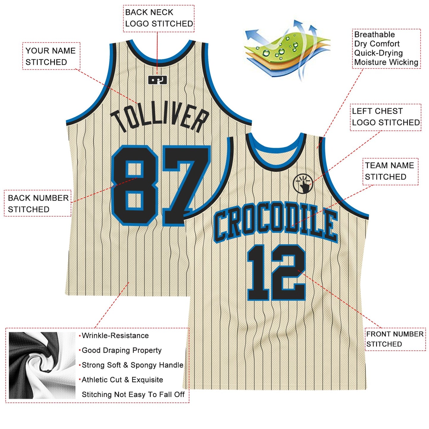 Custom Cream Black Pinstripe Black-Blue Authentic Basketball Jersey view 2
