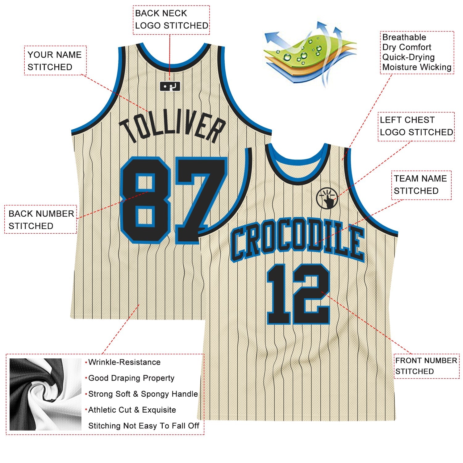 Custom Cream Black Pinstripe Black-Blue Authentic Basketball Jersey view 2