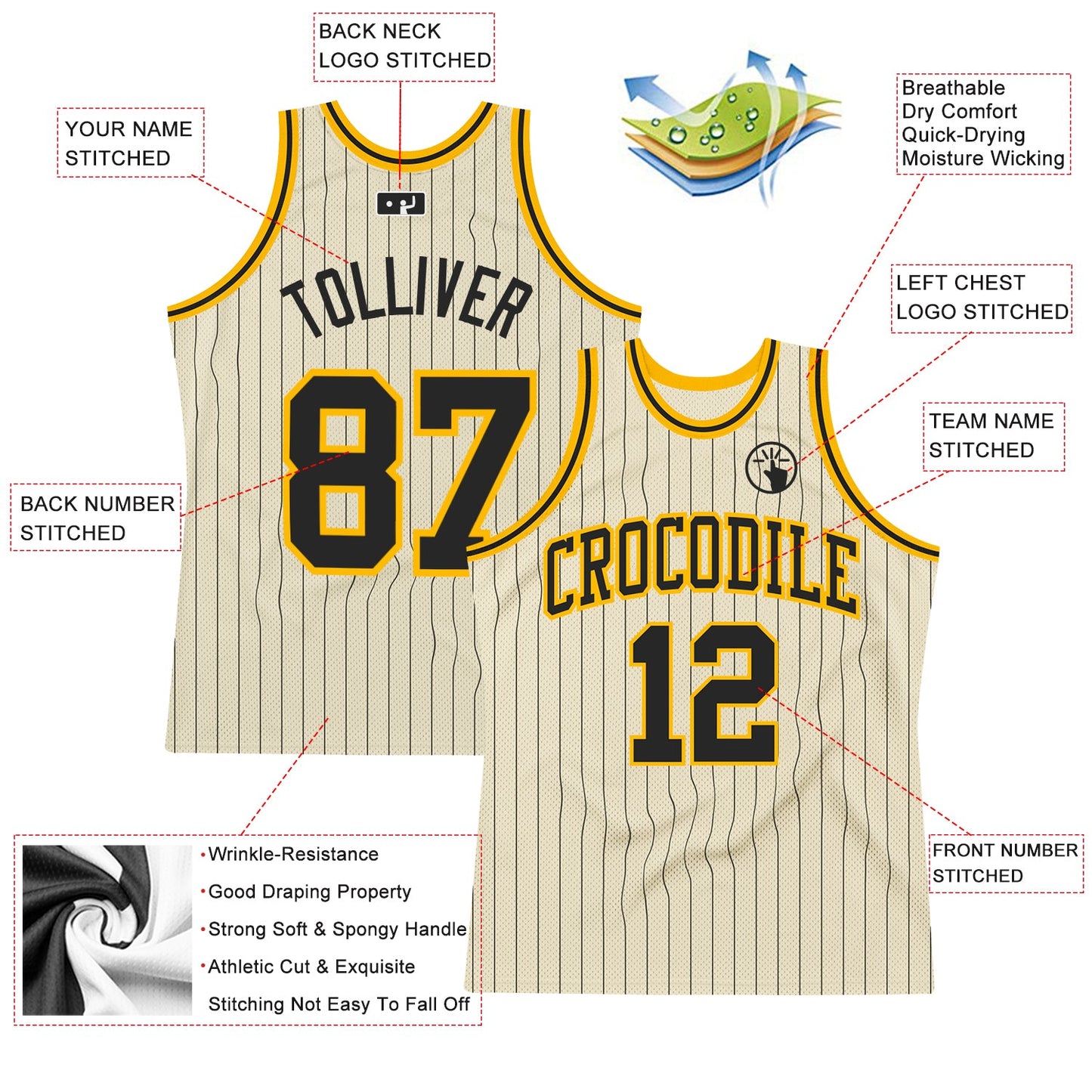 Custom Cream Black Pinstripe Black-Gold Authentic Basketball Jersey view 2