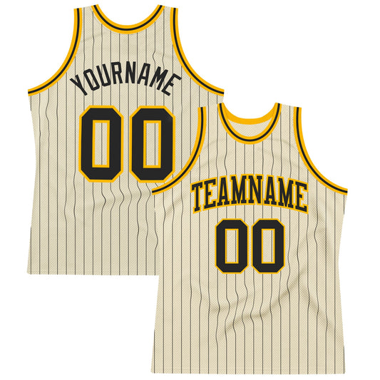 Custom Cream Black Pinstripe Black-Gold Authentic Basketball Jersey - Main View