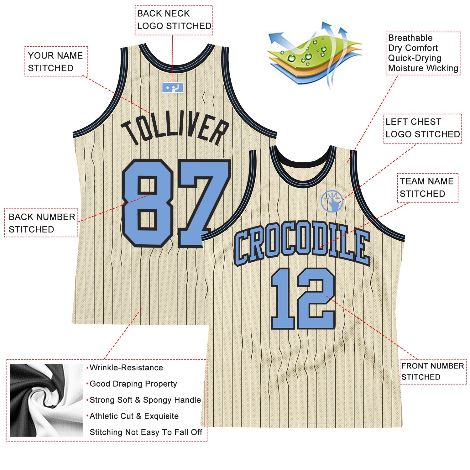 Custom Cream Black Pinstripe Blue Authentic Basketball Jersey view 2