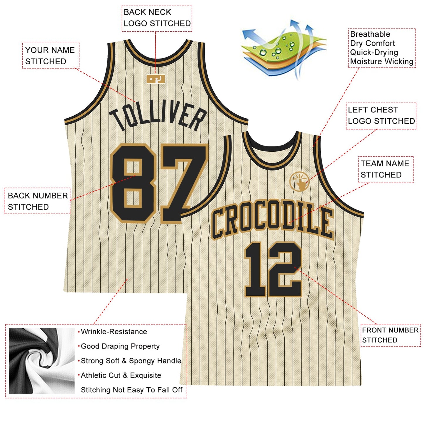 Custom Cream Black Pinstripe Black-Old Gold Authentic Basketball Jersey view 2