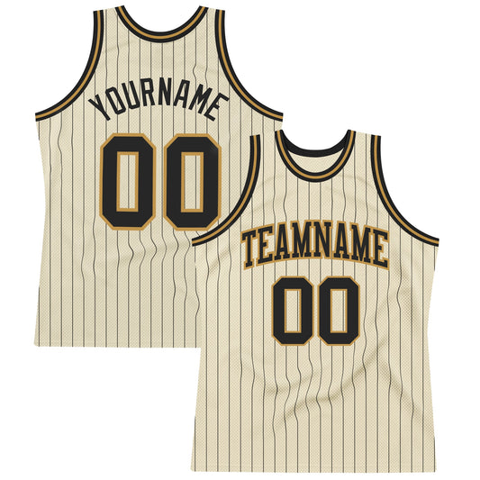 Custom Cream Black Pinstripe Black-Old Gold Authentic Basketball Jersey - Main View