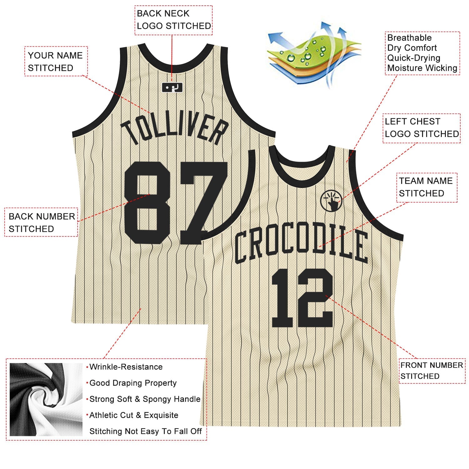 Custom Cream Black Pinstripe Black Authentic Basketball Jersey view 3