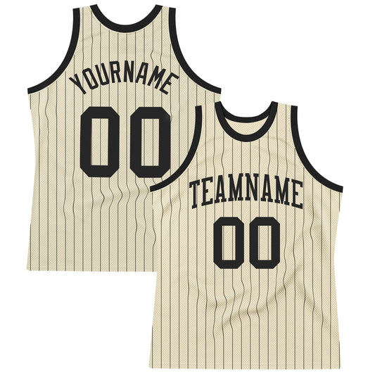 Custom Cream Black Pinstripe Black Authentic Basketball Jersey - Main View