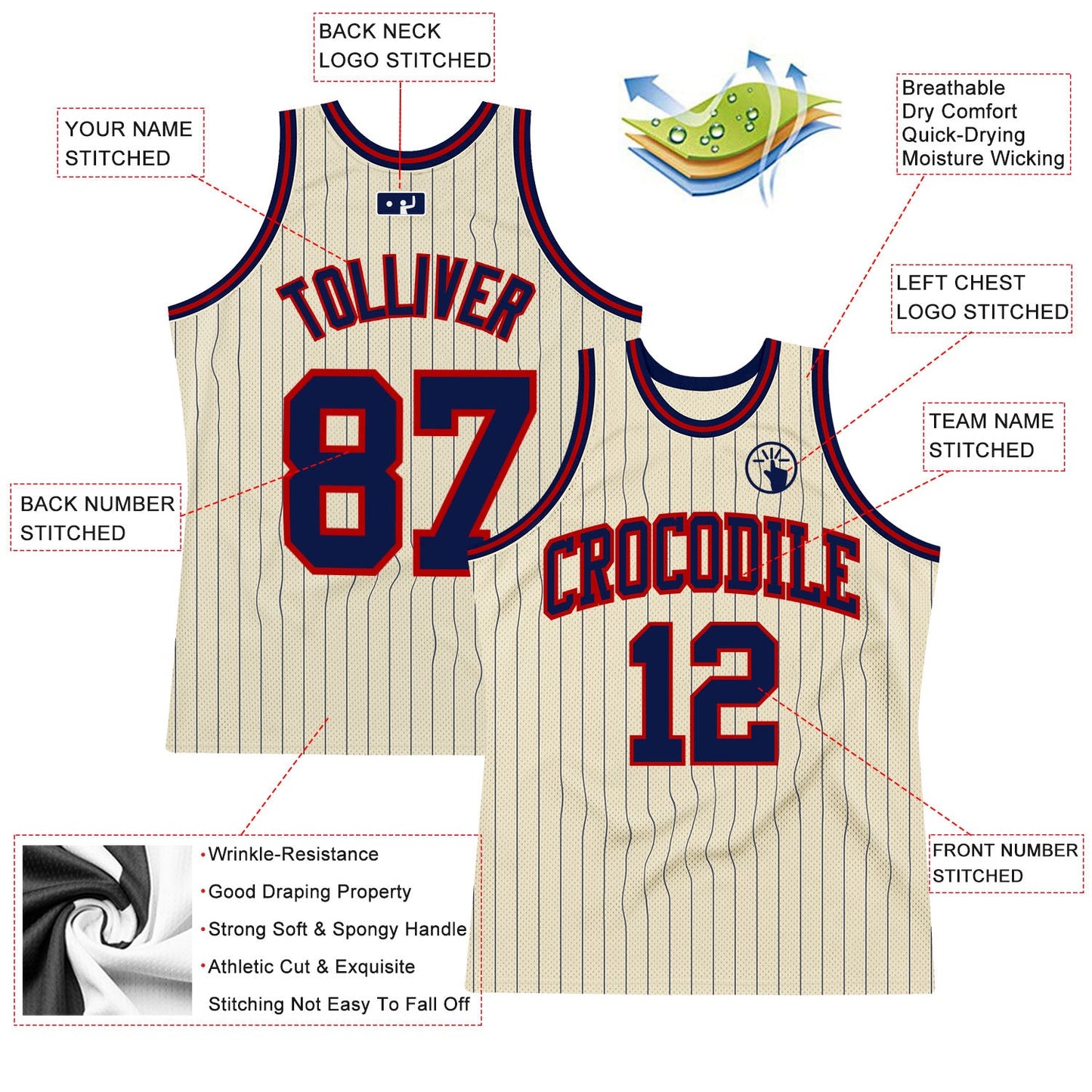 Custom Cream Navy Pinstripe Navy-Red Authentic Basketball Jersey view 2