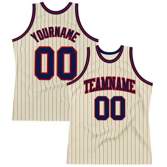 Custom Cream Navy Pinstripe Navy-Red Authentic Basketball Jersey - Main View
