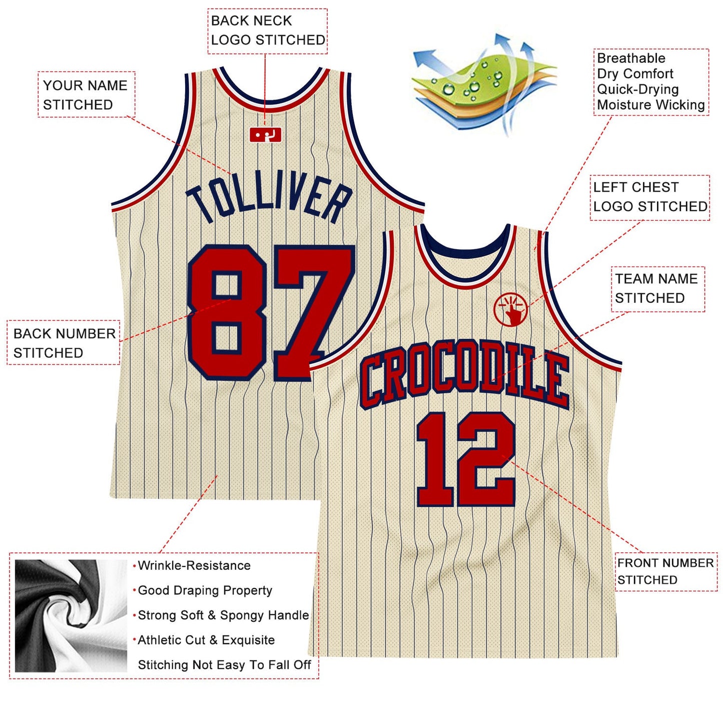 Custom Cream Navy Pinstripe Red Authentic Basketball Jersey view 2