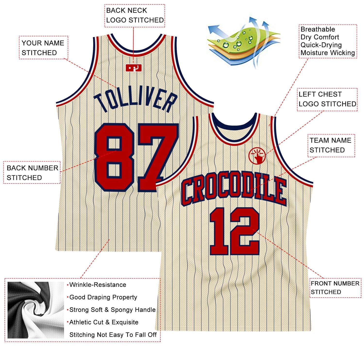 Custom Cream Navy Pinstripe Red Authentic Basketball Jersey view 2