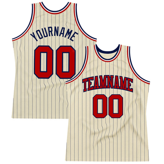 Custom Cream Navy Pinstripe Red Authentic Basketball Jersey - Main View