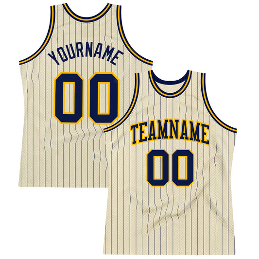 Custom Cream Navy Pinstripe Navy-Gold Authentic Basketball Jersey - Main View