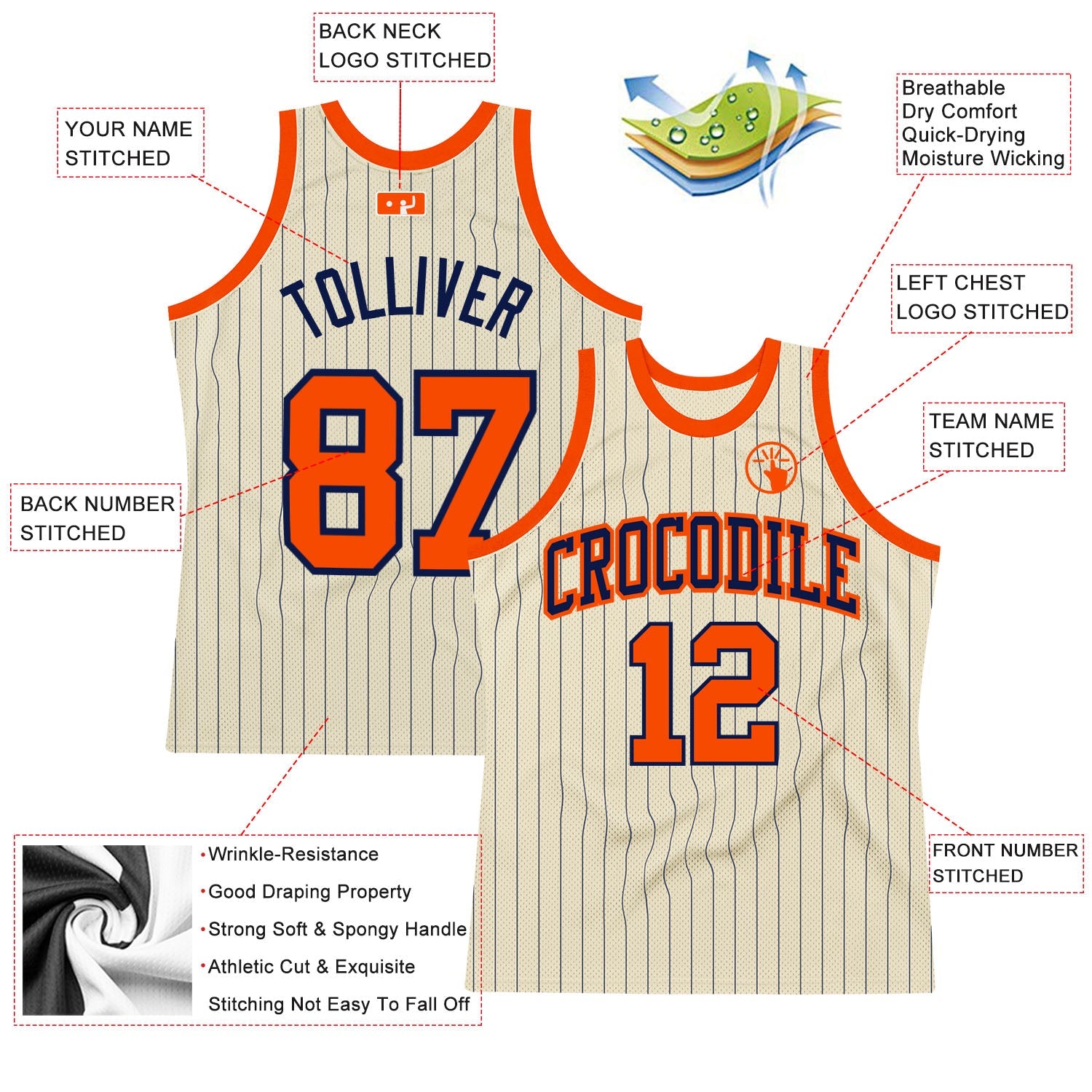 Custom Cream Navy Pinstripe Orange Authentic Basketball Jersey view 2