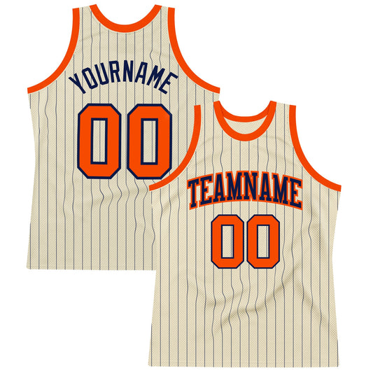 Custom Cream Navy Pinstripe Orange Authentic Basketball Jersey - Main View
