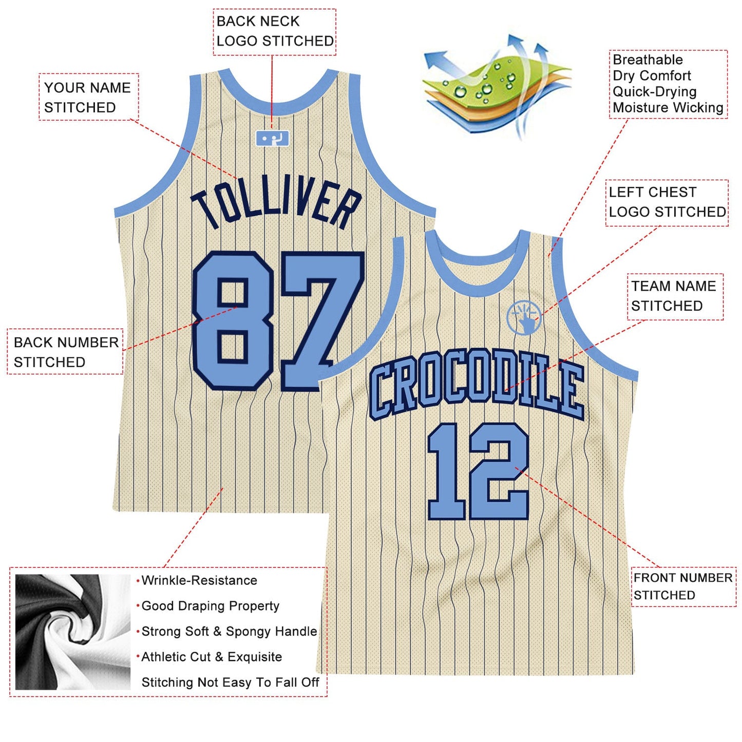 Custom Cream Navy Pinstripe Light Blue Authentic Basketball Jersey view 2