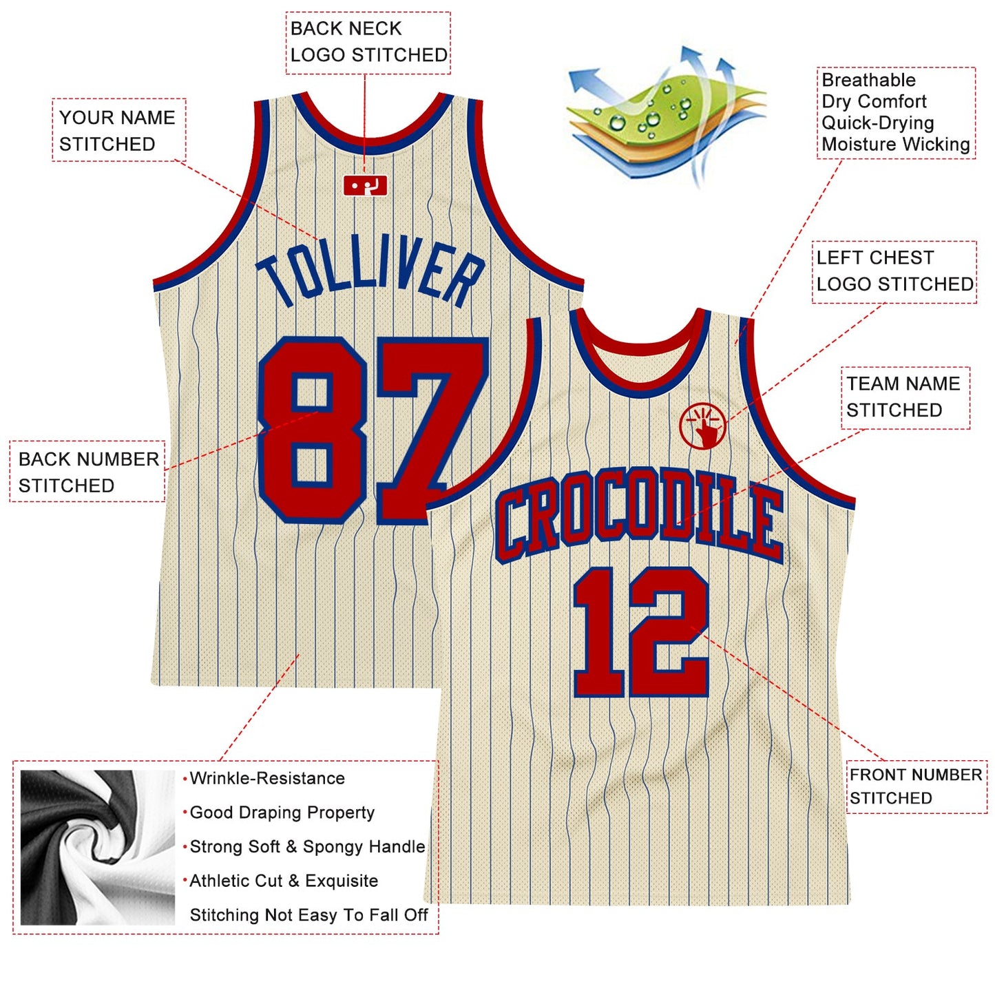 Custom Cream Royal Pinstripe Red Authentic Basketball Jersey view 2
