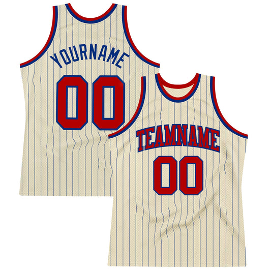 Custom Cream Royal Pinstripe Red Authentic Basketball Jersey - Main View