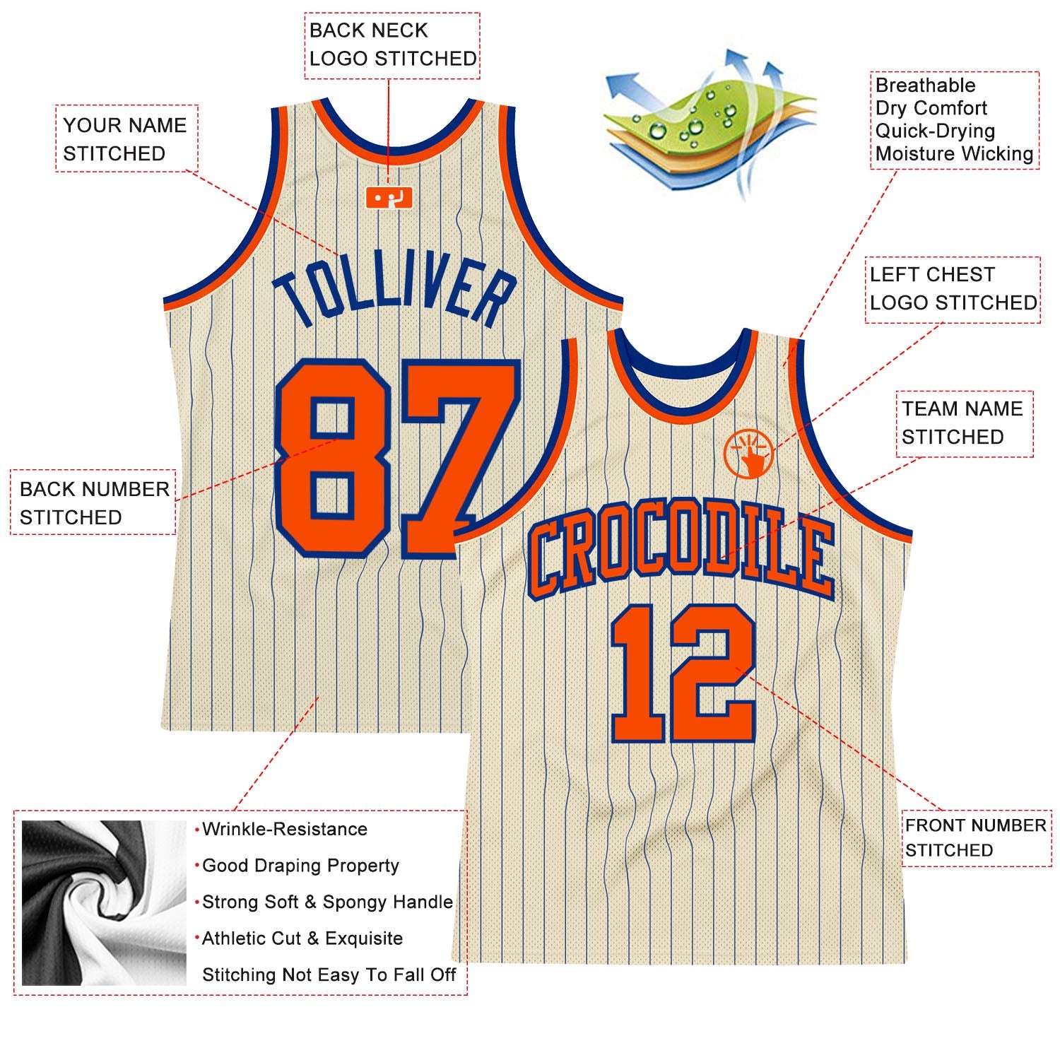 Custom Cream Royal Pinstripe Orange Authentic Basketball Jersey view 2