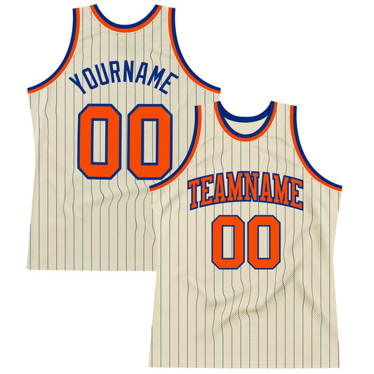 Custom Cream Royal Pinstripe Orange Authentic Basketball Jersey - Main View