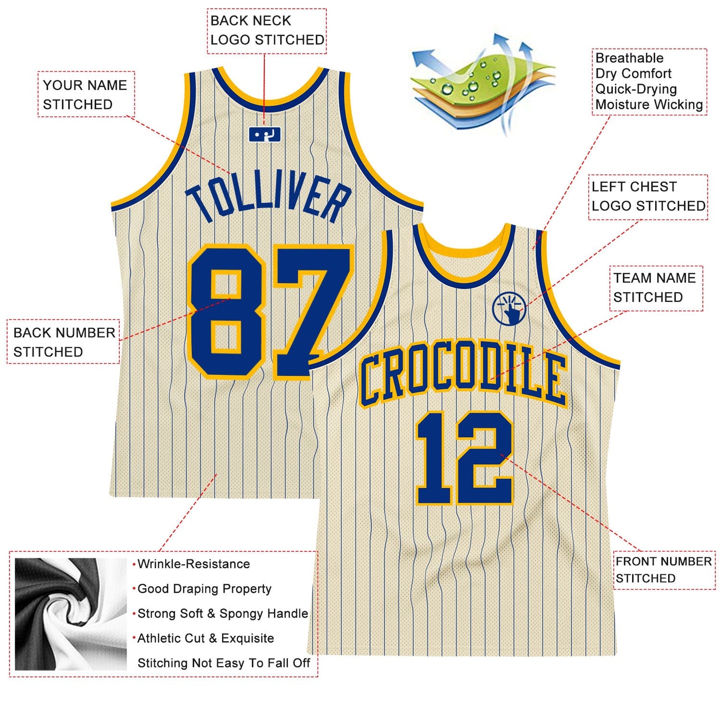 Custom Cream Royal Pinstripe Royal-Gold Authentic Basketball Jersey view 2