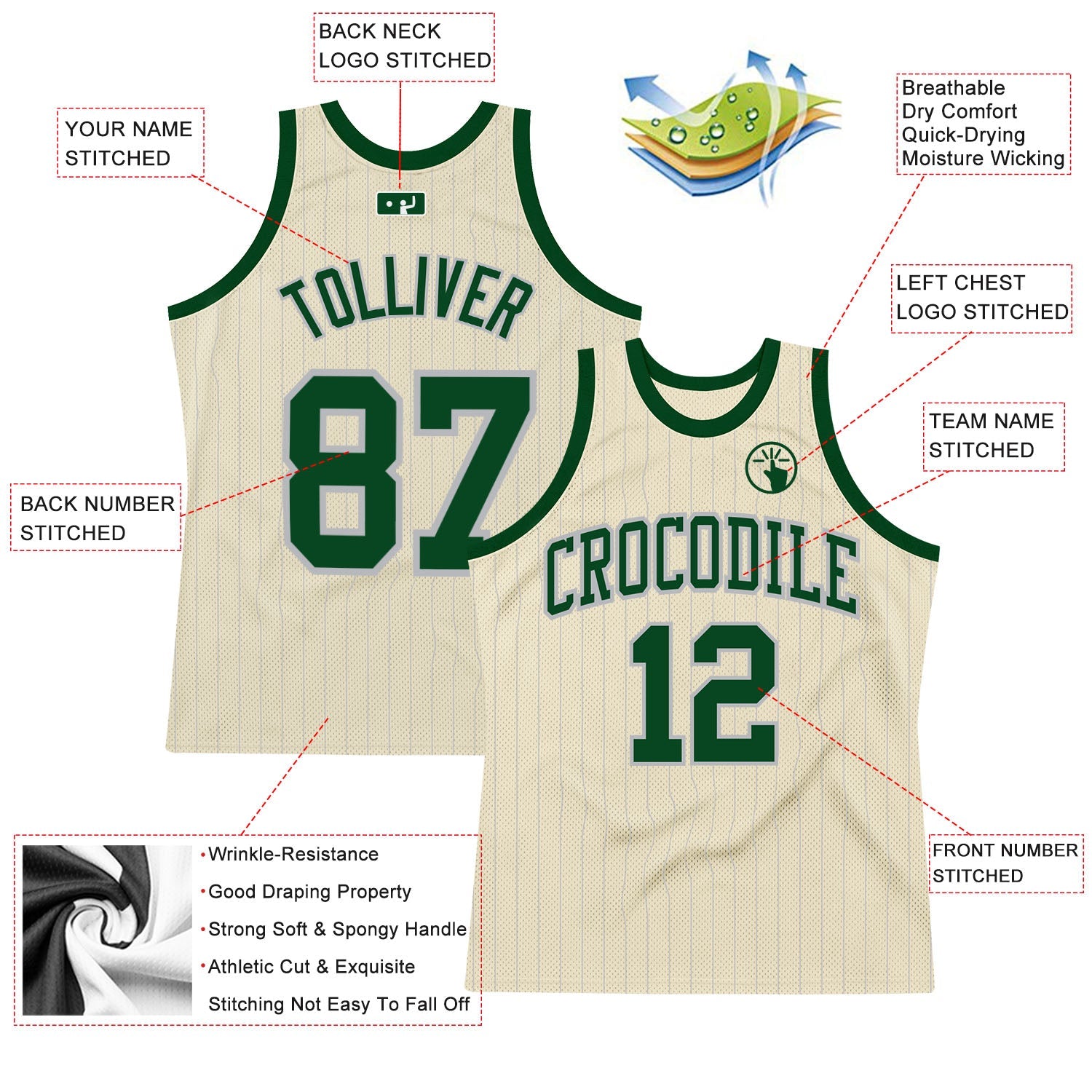 Custom Cream Gray Pinstripe Green Authentic Basketball Jersey view 2