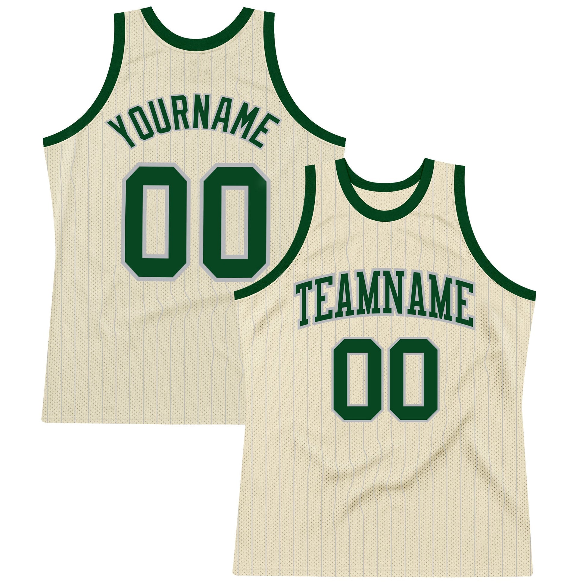 Custom Cream Gray Pinstripe Green Authentic Basketball Jersey - Main View