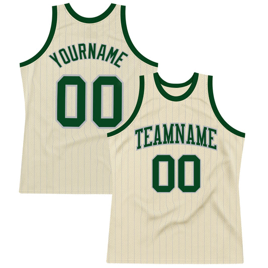 Custom Cream Gray Pinstripe Green Authentic Basketball Jersey - Main View