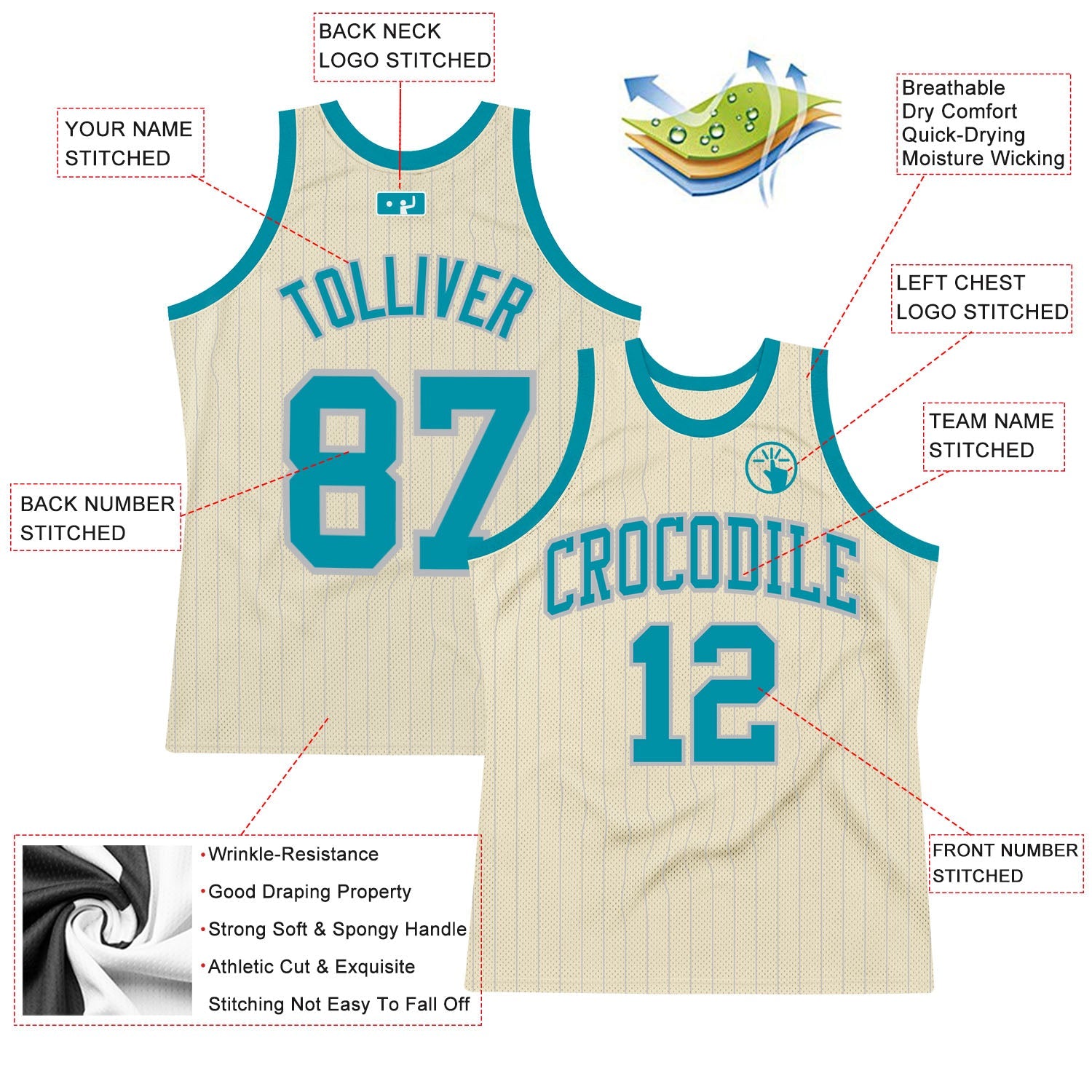 Custom Cream Gray Pinstripe Teal Authentic Basketball Jersey view 2
