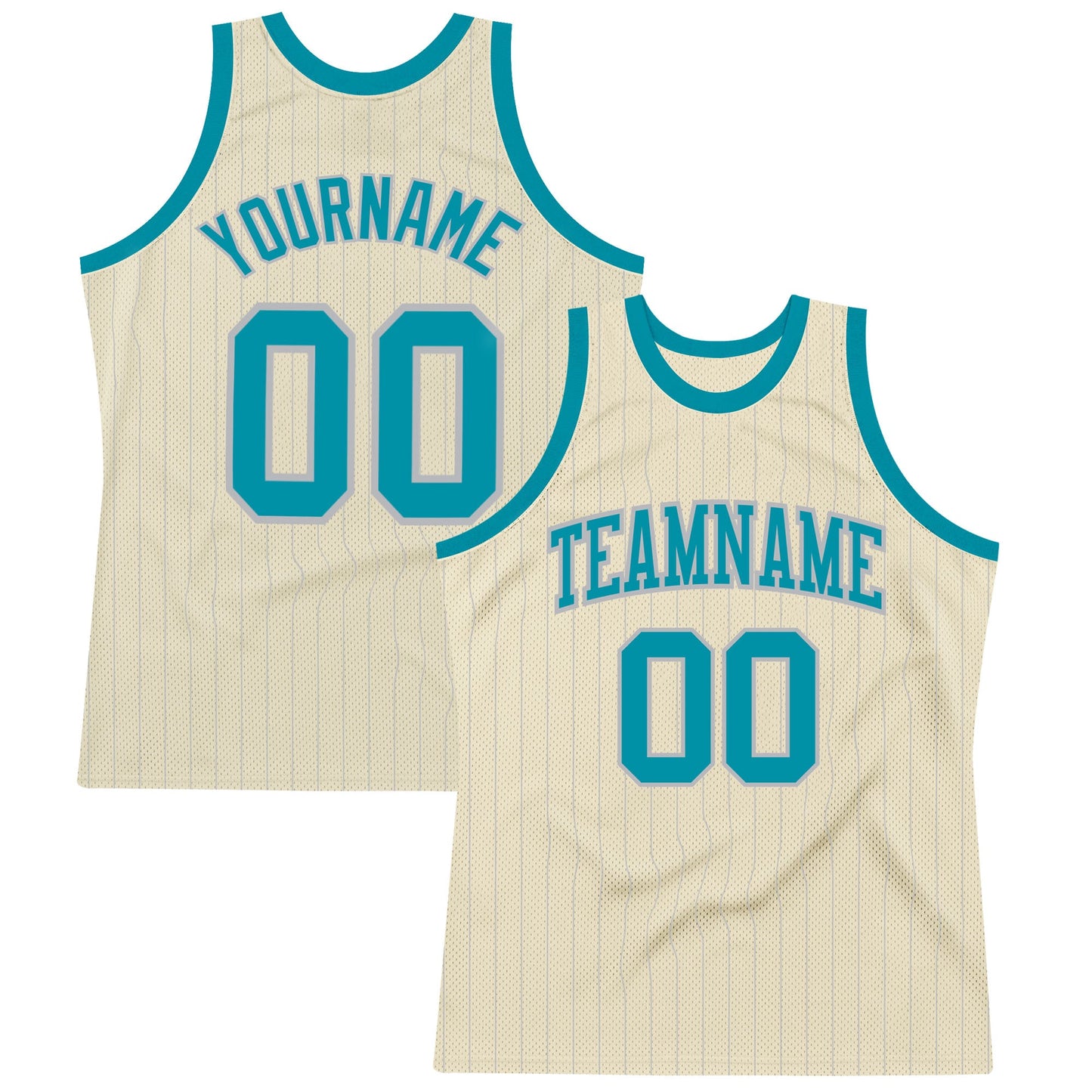 Custom Cream Gray Pinstripe Teal Authentic Basketball Jersey - Main View