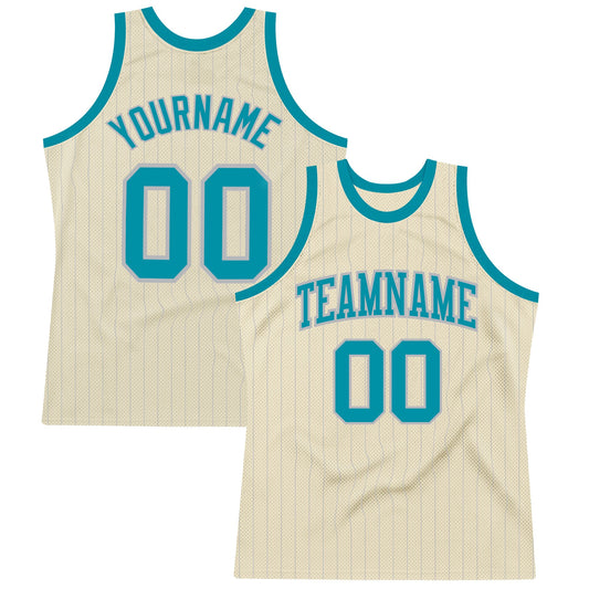 Custom Cream Gray Pinstripe Teal Authentic Basketball Jersey - Main View