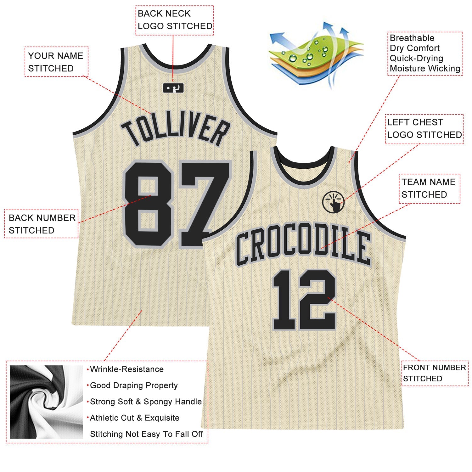 Custom Cream Gray Pinstripe Black Authentic Basketball Jersey view 2