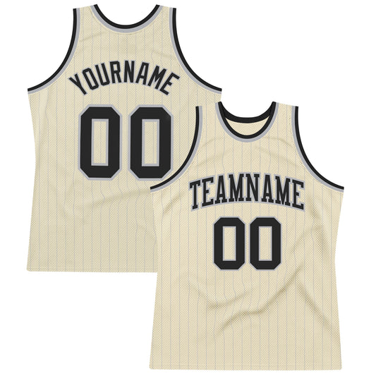 Custom Cream Gray Pinstripe Black Authentic Basketball Jersey - Main View