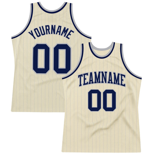 Custom Cream Gray Pinstripe Navy Authentic Basketball Jersey - Main View
