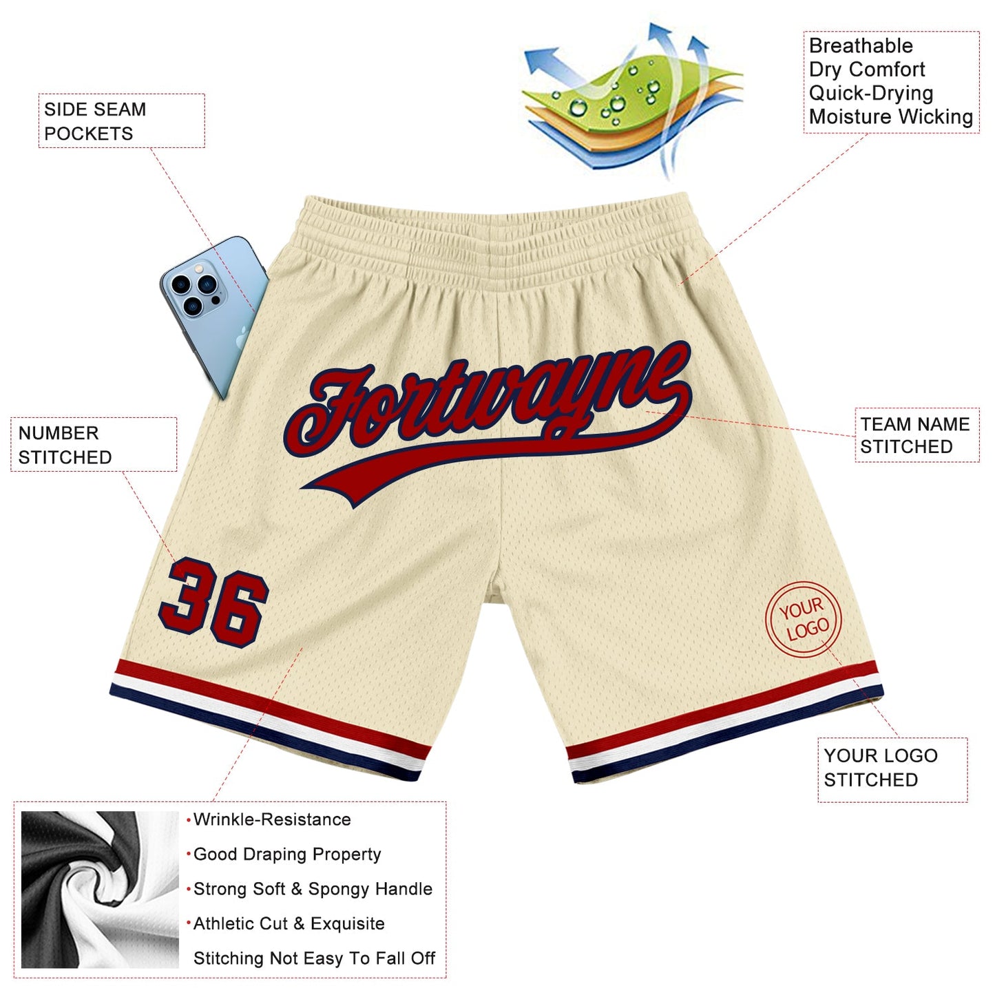 Custom Cream Red-Navy Authentic Throwback Basketball Shorts view 2