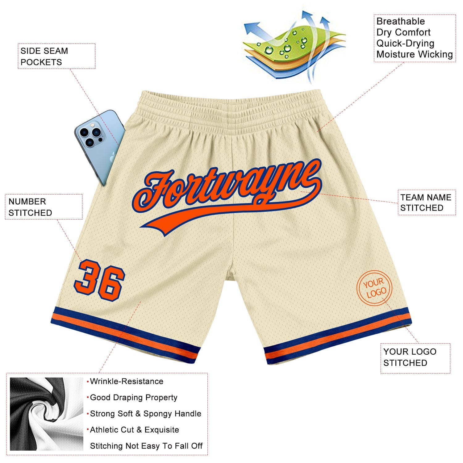 Custom Cream Orange-Royal Authentic Throwback Basketball Shorts view 2