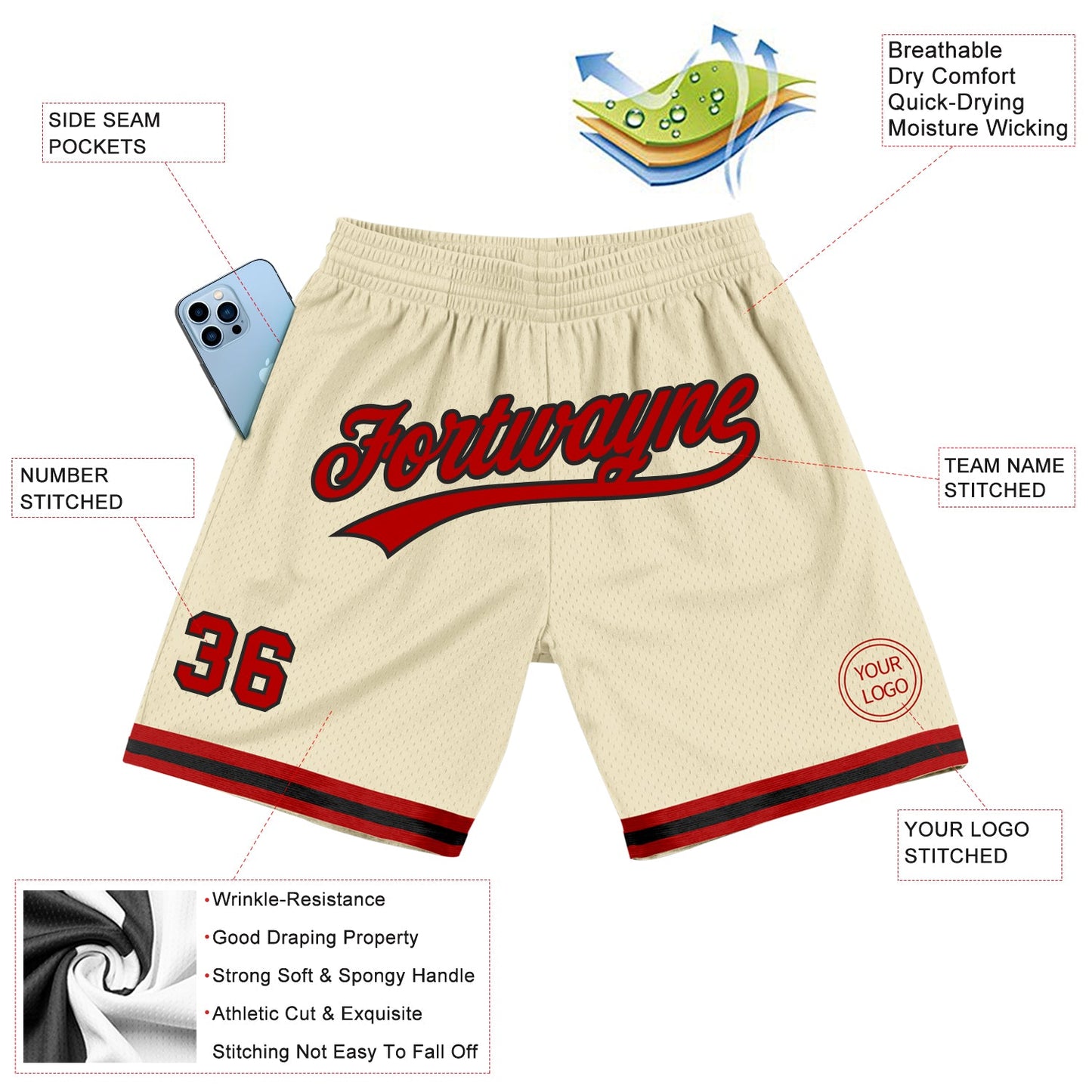 Custom Cream Red-Black Authentic Throwback Basketball Shorts view 2